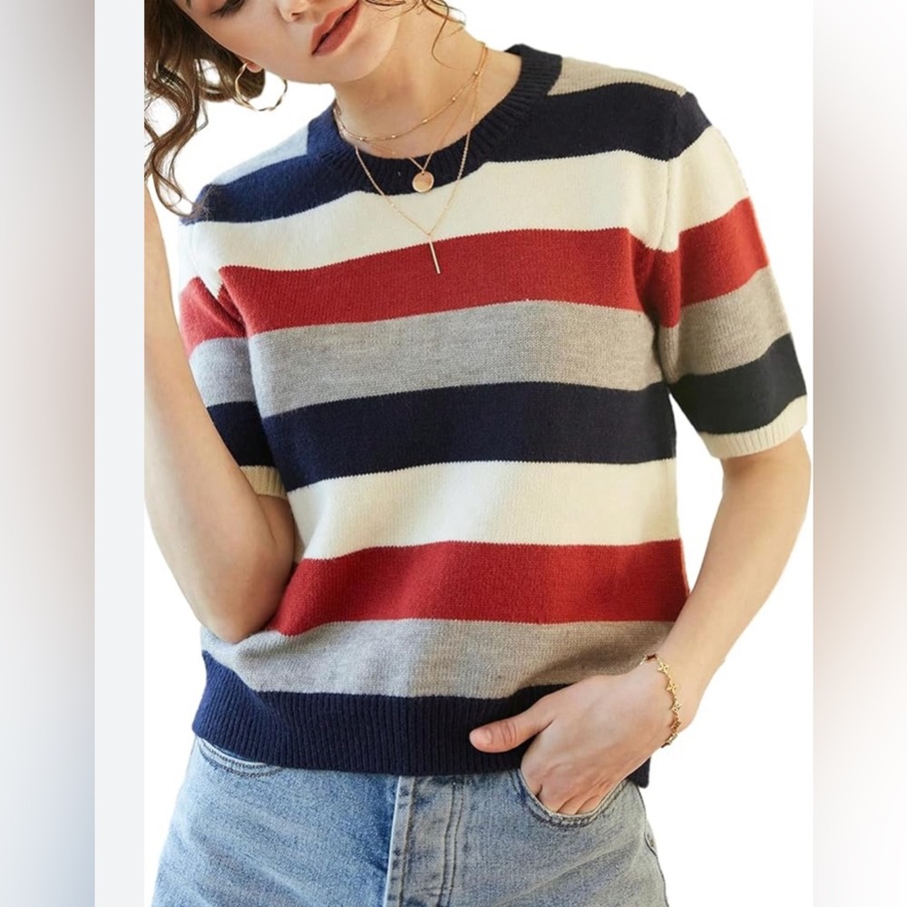 GORGLITTER Women’s Red, White and Blue Vintage Pullover Striped Sweater XL